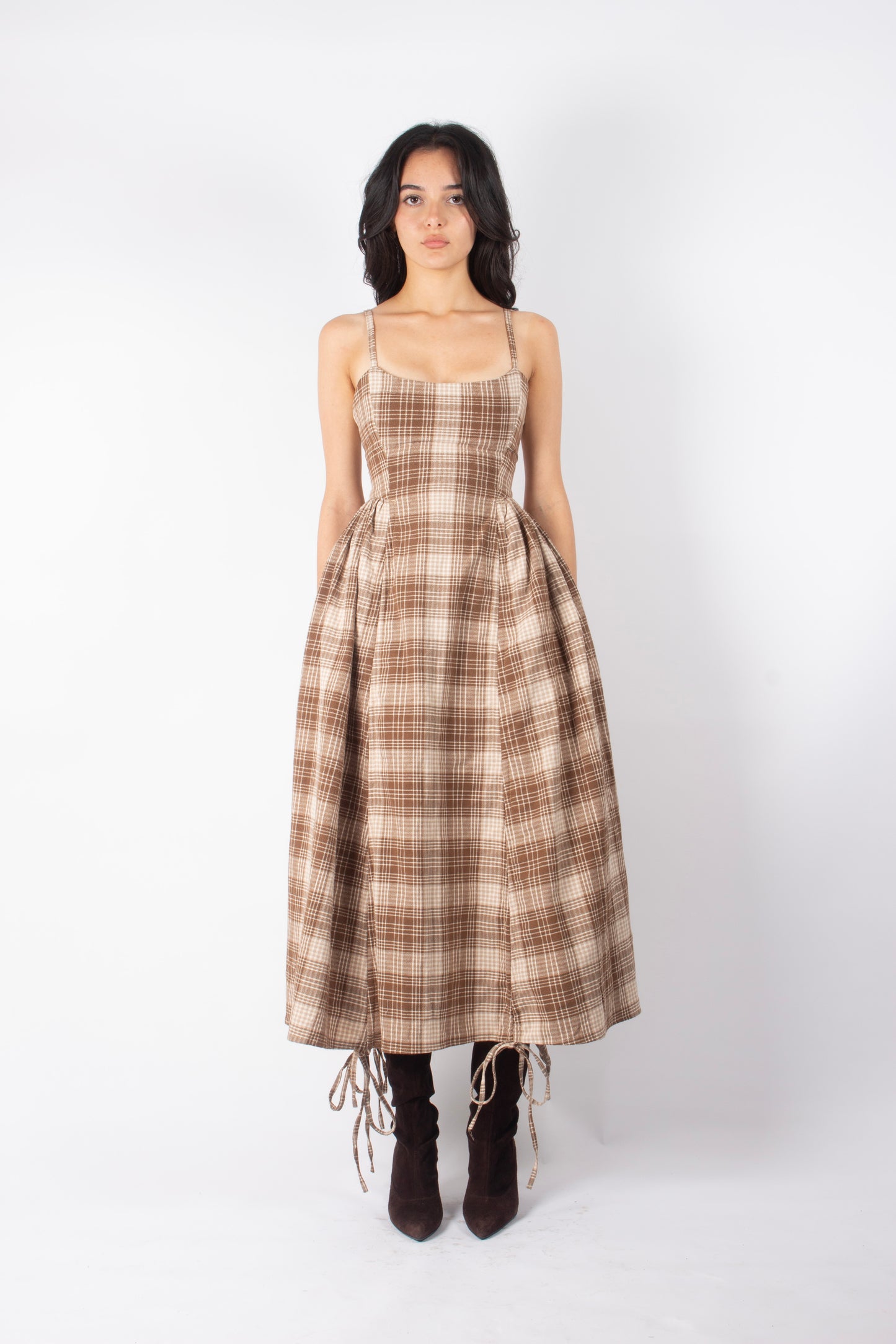 BROWN GINGHAM ADJUSTABLE BOUFFANT DRESS