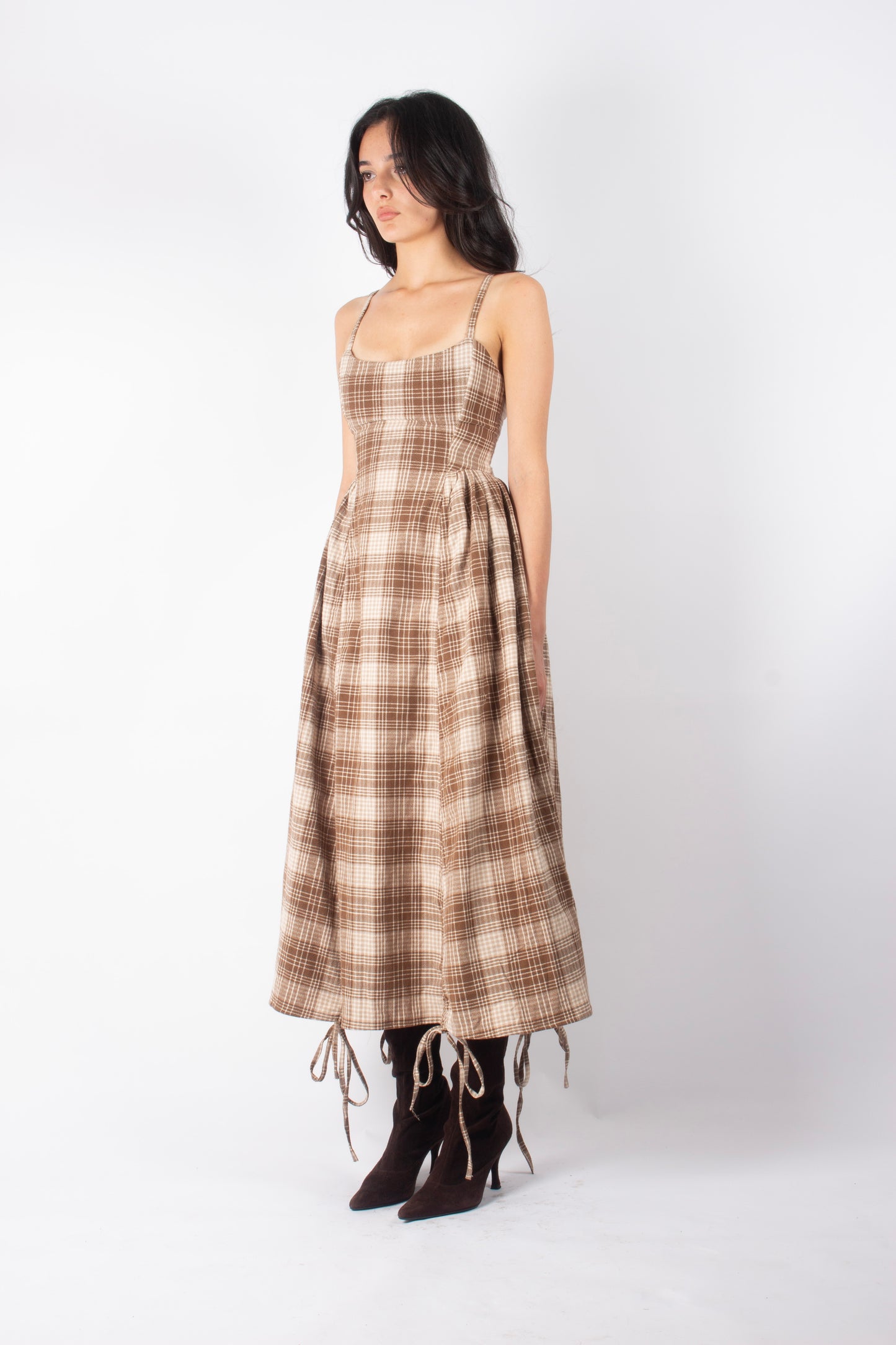 BROWN GINGHAM ADJUSTABLE BOUFFANT DRESS