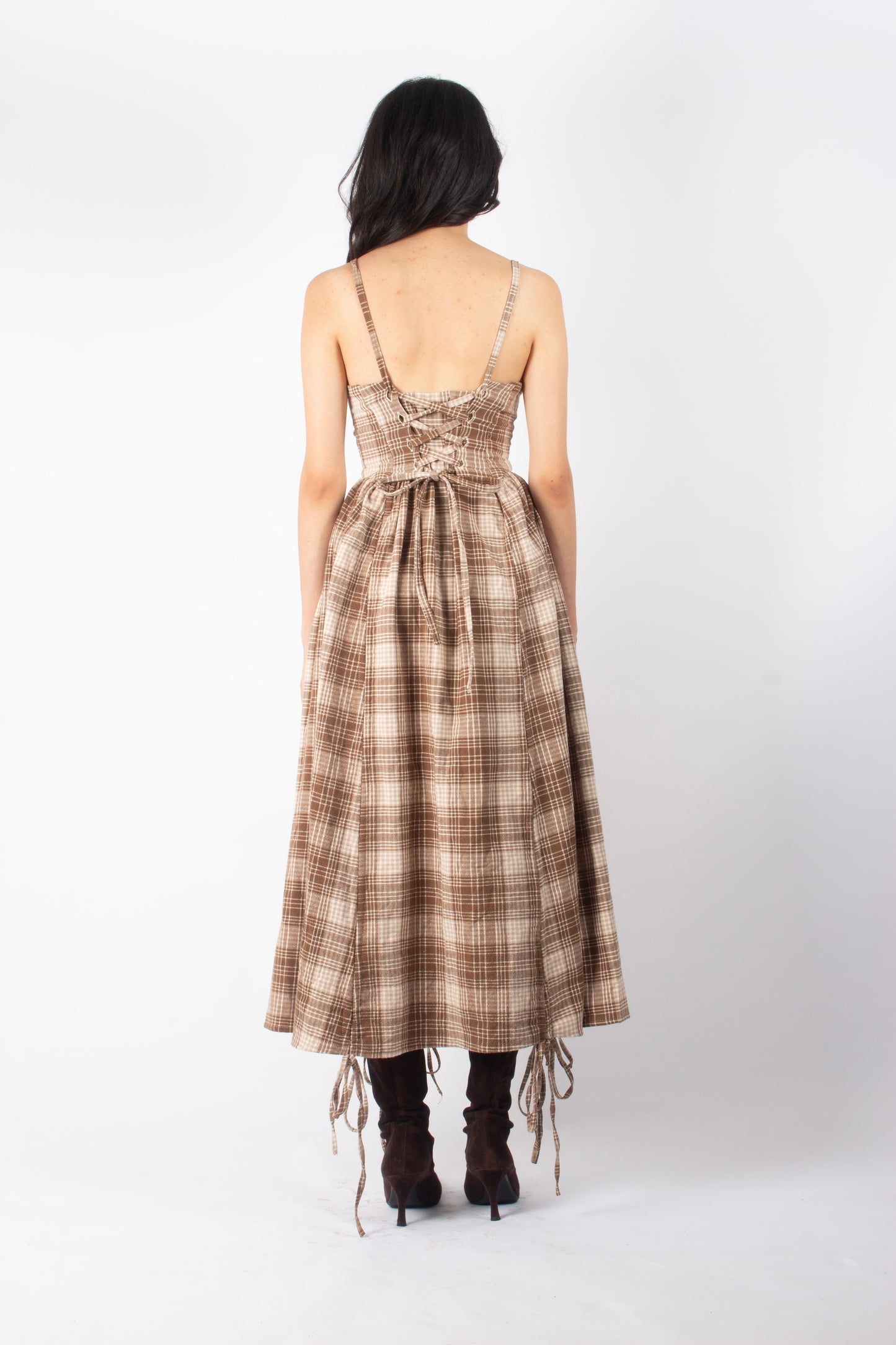 BROWN GINGHAM ADJUSTABLE BOUFFANT DRESS