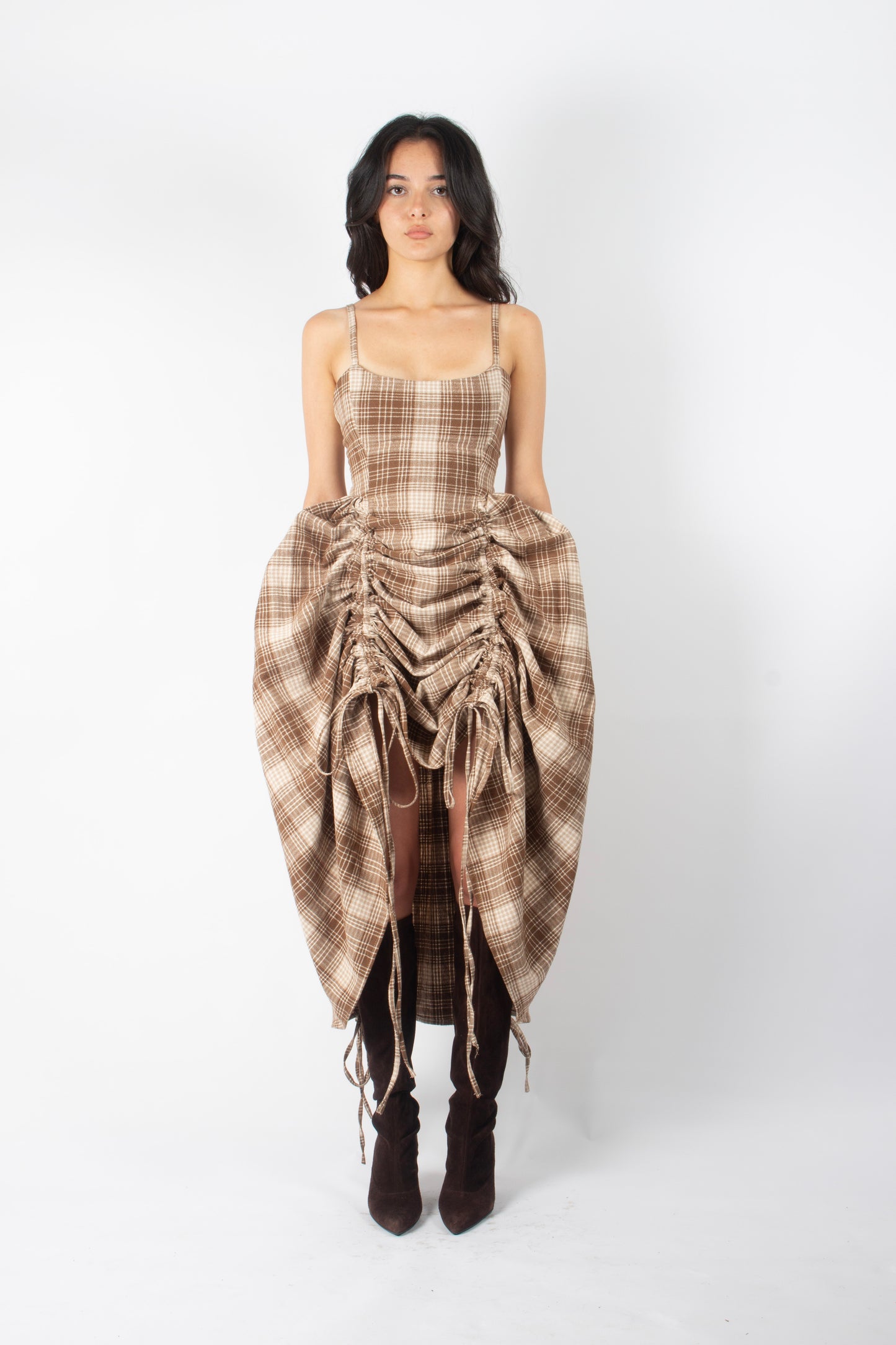 BROWN GINGHAM ADJUSTABLE BOUFFANT DRESS