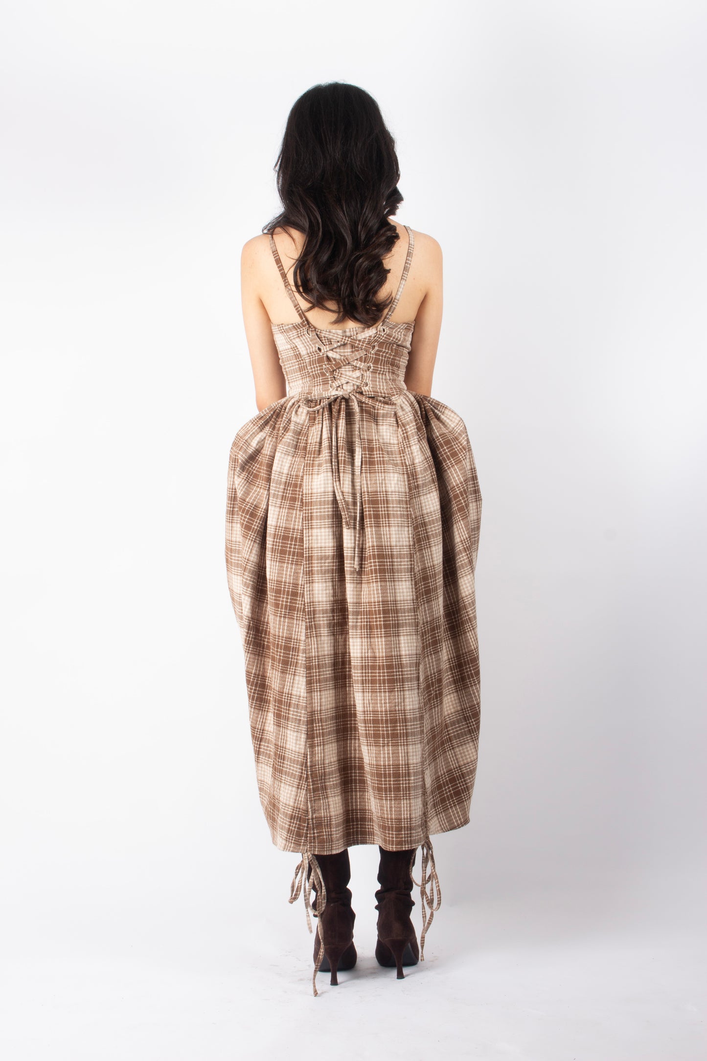 BROWN GINGHAM ADJUSTABLE BOUFFANT DRESS