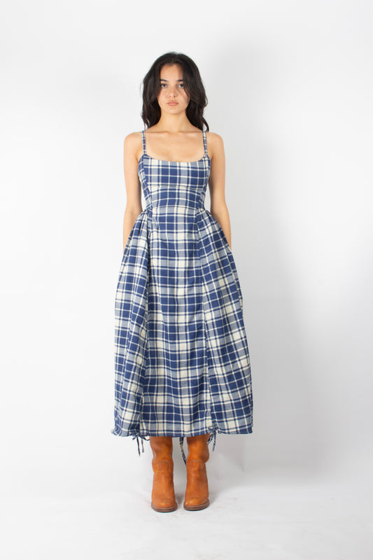 BLUE GINGHAM ADJUSTABLE BOUFFANT DRESS