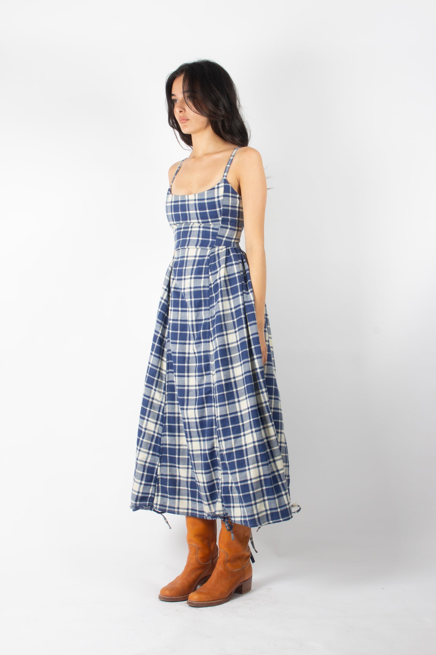 BLUE GINGHAM ADJUSTABLE BOUFFANT DRESS