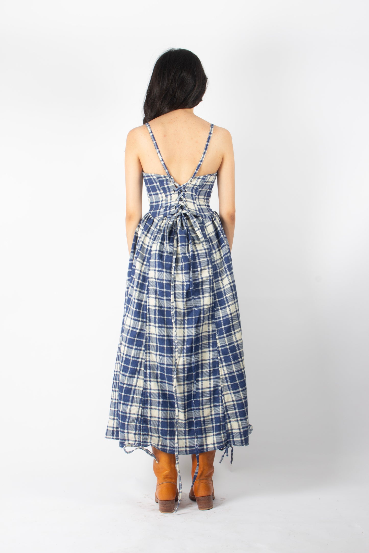 BLUE GINGHAM ADJUSTABLE BOUFFANT DRESS