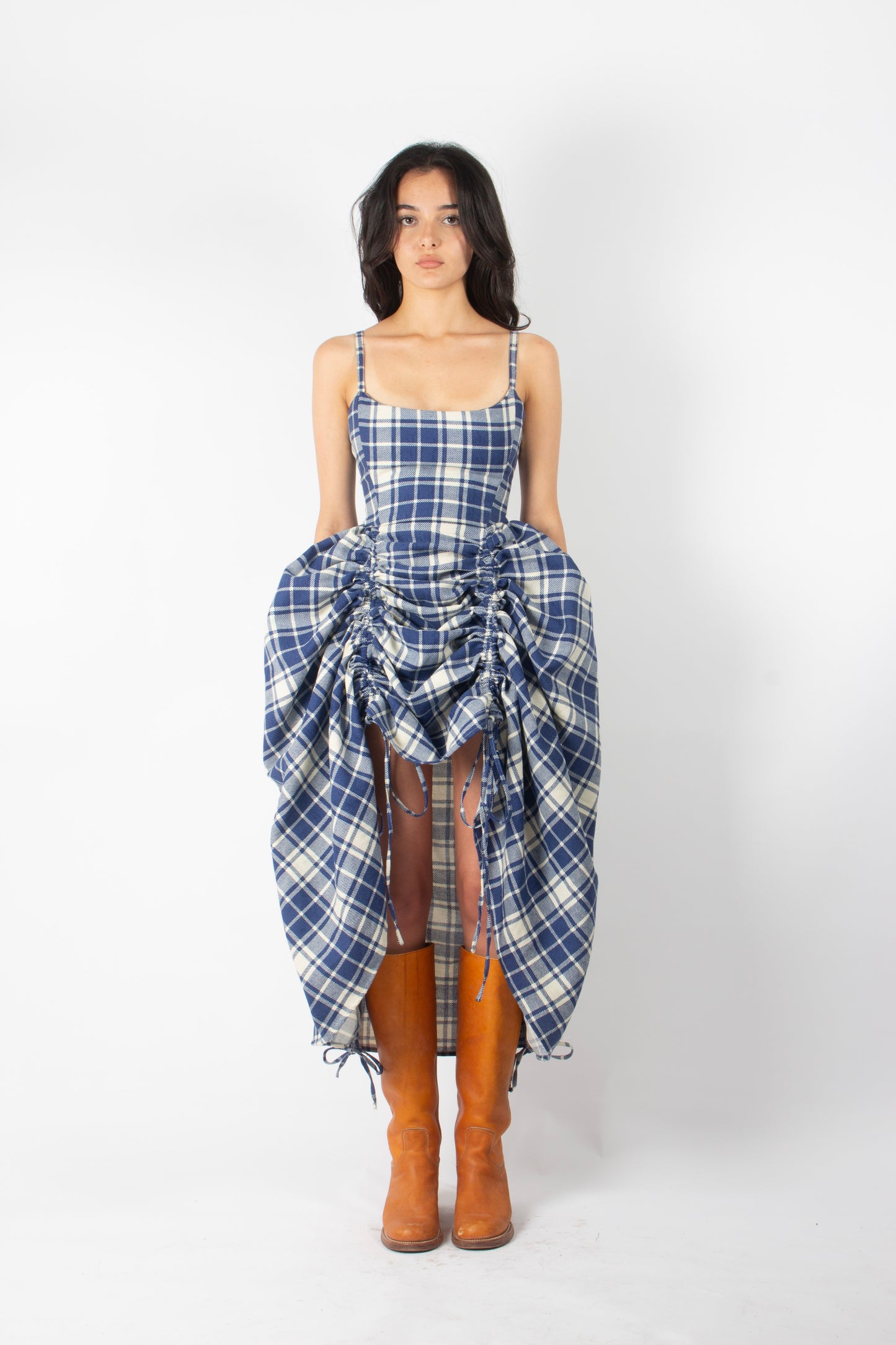 BLUE GINGHAM ADJUSTABLE BOUFFANT DRESS