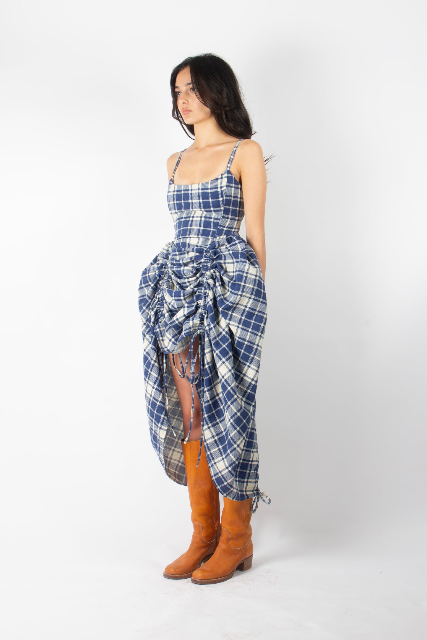 BLUE GINGHAM ADJUSTABLE BOUFFANT DRESS