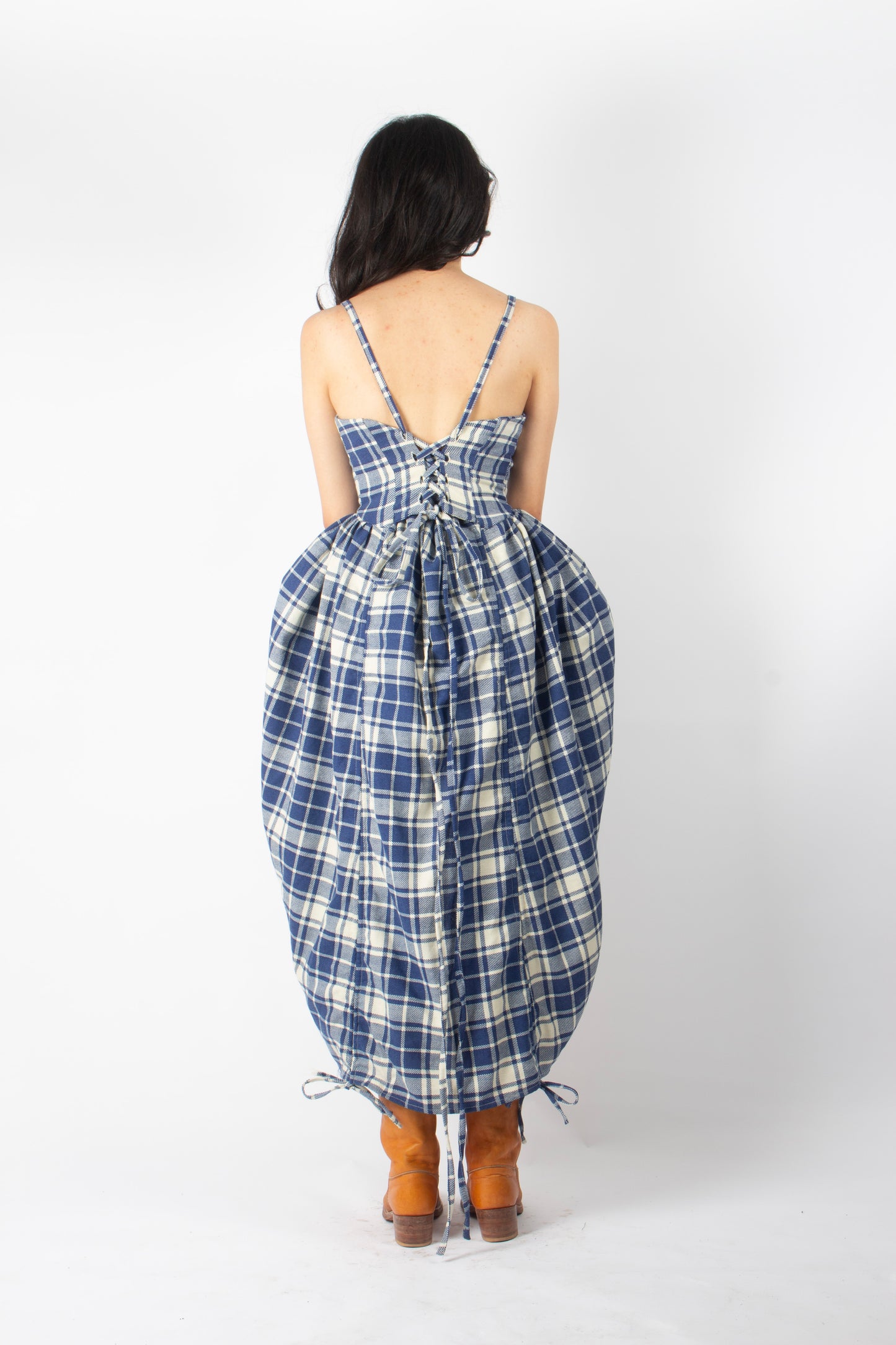 BLUE GINGHAM ADJUSTABLE BOUFFANT DRESS