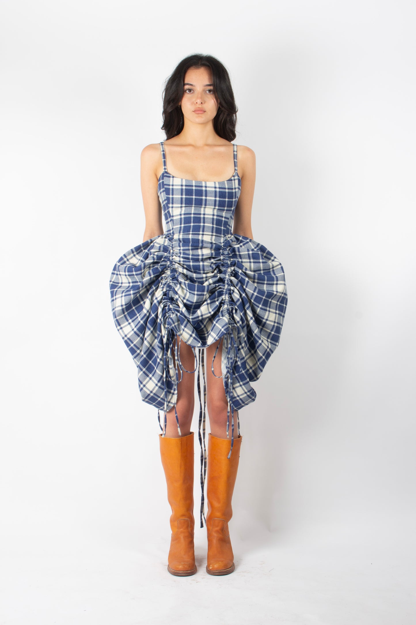 BLUE GINGHAM ADJUSTABLE BOUFFANT DRESS