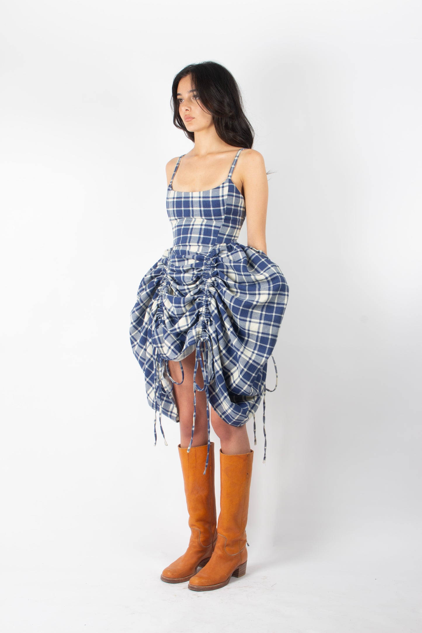 BLUE GINGHAM ADJUSTABLE BOUFFANT DRESS