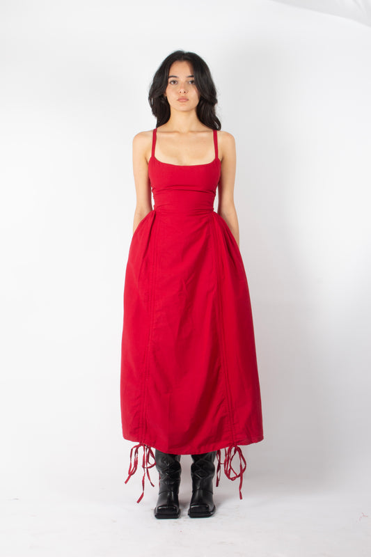 RED ADJUSTABLE BOUFFANT DRESS